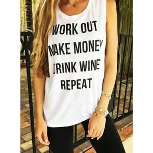 💜 3/$25 💜 Large White Tank Top Tee Drink Wine Lilac T-Shirt Activewear NEW